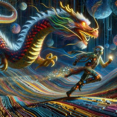 The primary subject of the image is a person running in front of a large, colorful dragon. The setting appears to be a futuristic city, with the person running on a path surrounded by a vibrant, colorful environment. The visual style of the image is digital art, with the dragon and the person depicted in a detailed and intricate manner. The colors and mood of the image are lively and energetic, with the bright colors of the dragon and the person's clothing creating a